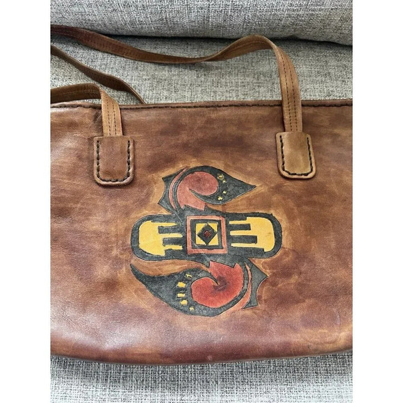 Vtg Brown Leather Shoulder Bag Boho Native American Polychrome Geometric Figure - Picture 3 of 11